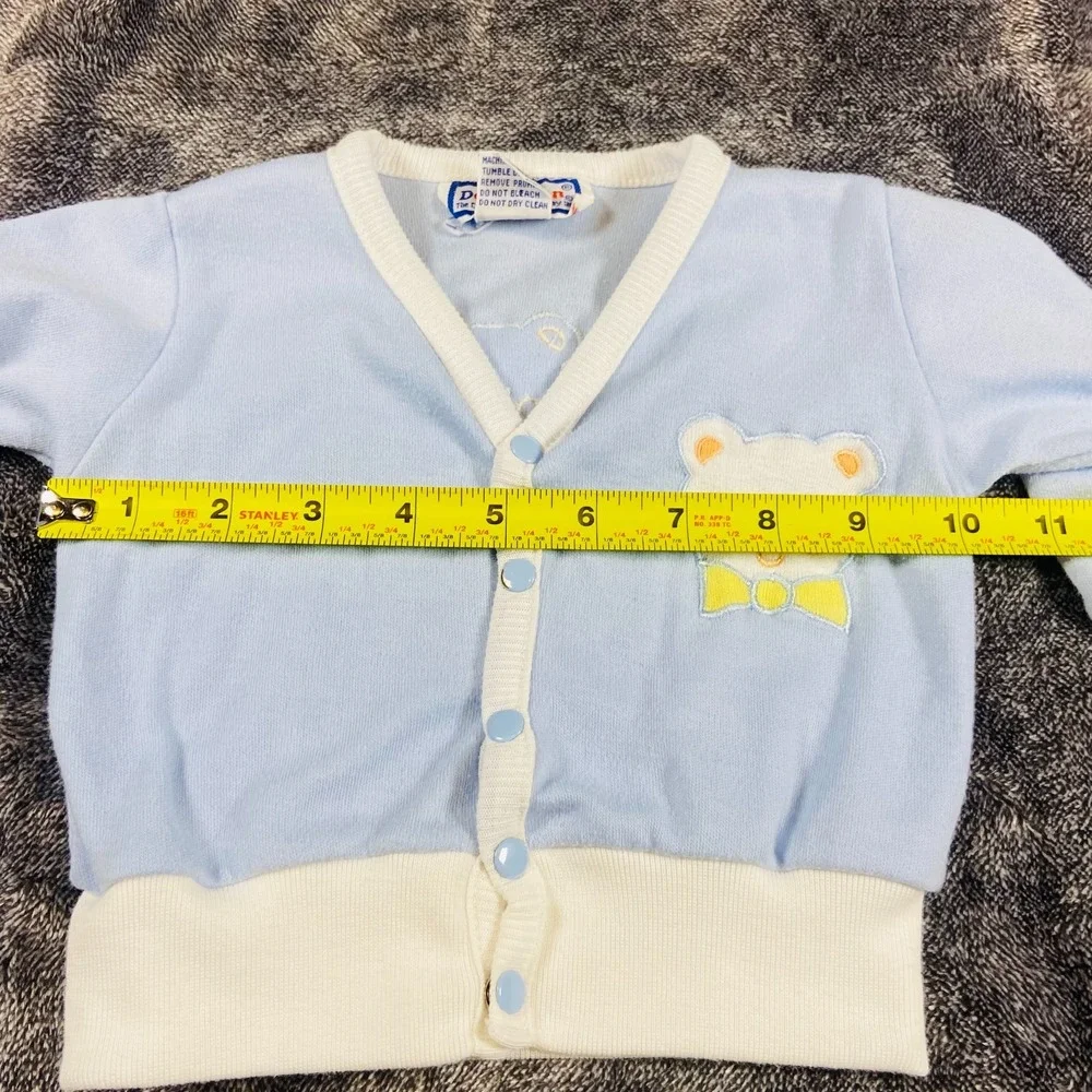 Vintage 80s Doe Spun Bear Balloon Applique‎ Blue Snap Cardigan Sweater 3-6 mo